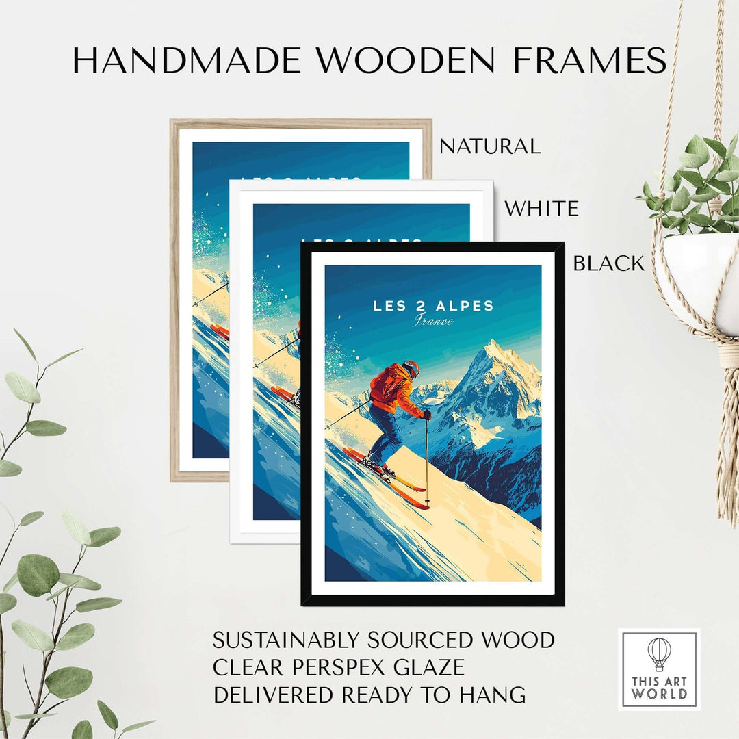 Handmade wooden frames in natural, white, and black showcasing Les 2 Alpes ski print, perfect for displaying mountain art.