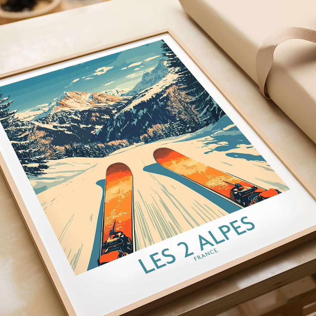 Les 2 Alpes ski print showcasing vibrant slopes and mountains, perfect wall art for ski enthusiasts' home decor.