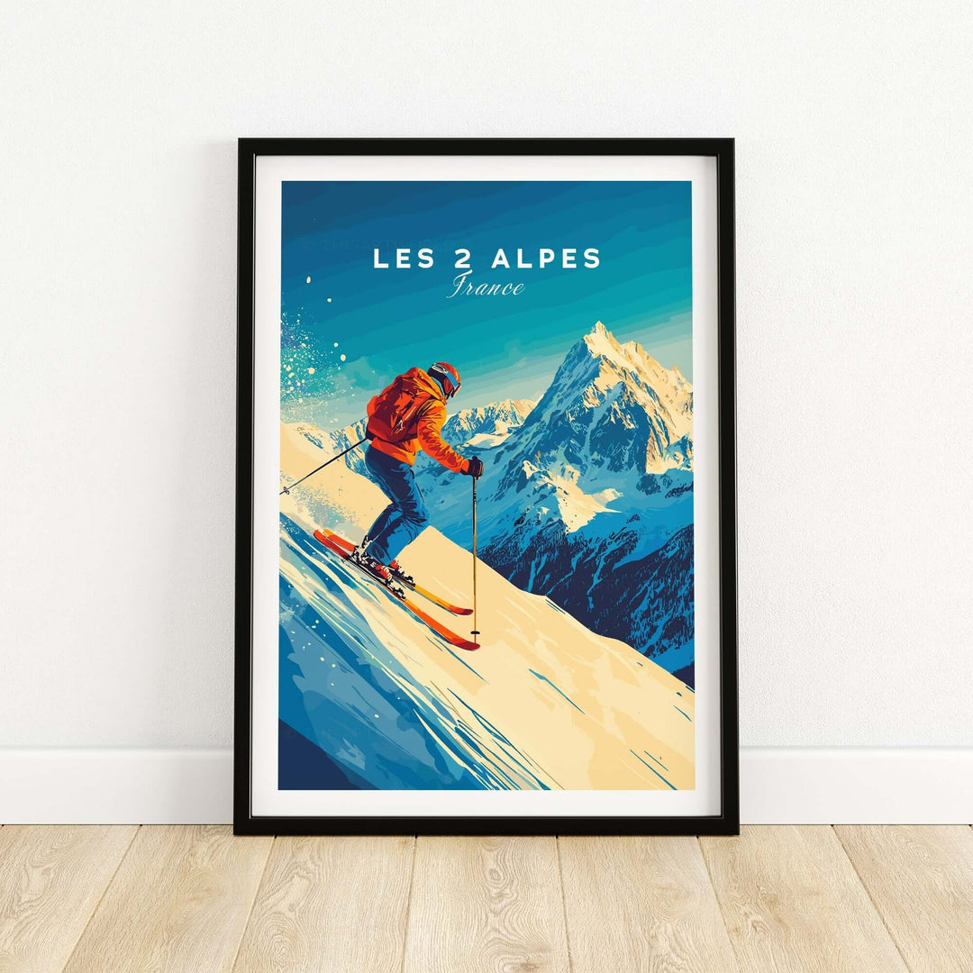 Les 2 Alpes ski print showcasing a skier descending a snow-covered mountain in vibrant colors. Perfect for ski enthusiasts.