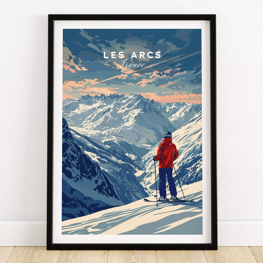 Les Arcs Travel Poster - France showcasing majestic ski slopes and a skier against breathtaking mountain scenery.