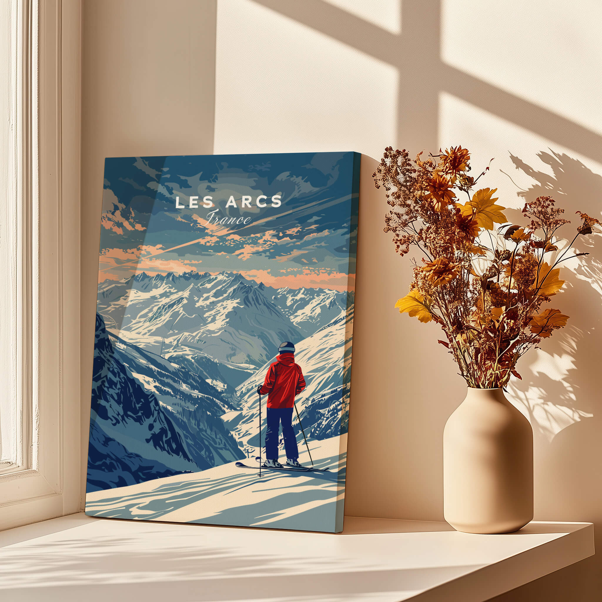 Les Arcs Travel Poster - France displayed indoors with sunlight, featuring a skier against a breathtaking mountain backdrop.