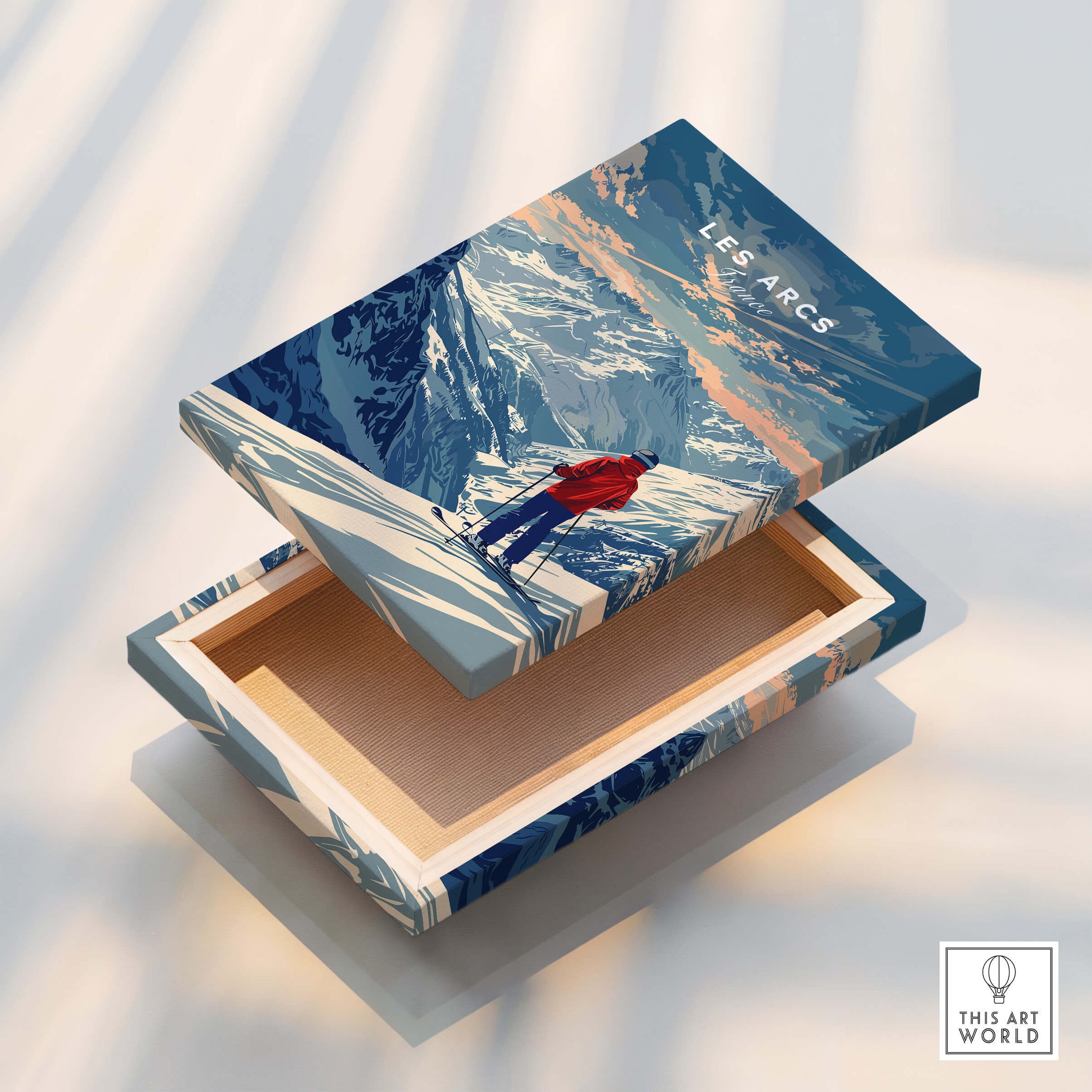 Les Arcs Travel Poster - France stylish box showcasing stunning mountain scenery and skier design.