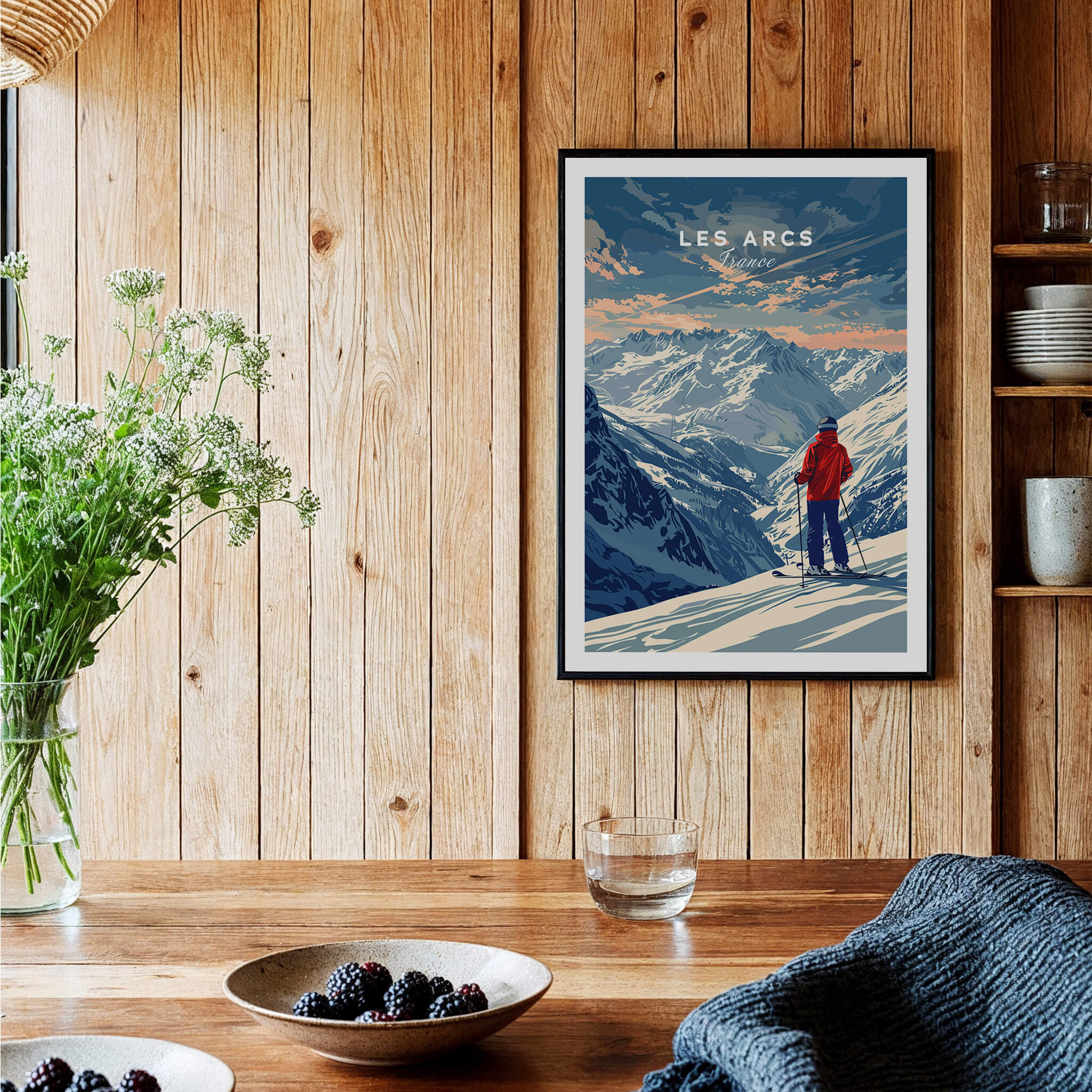 Les Arcs Travel Poster - France displayed in a stylish interior with wooden walls and decor.