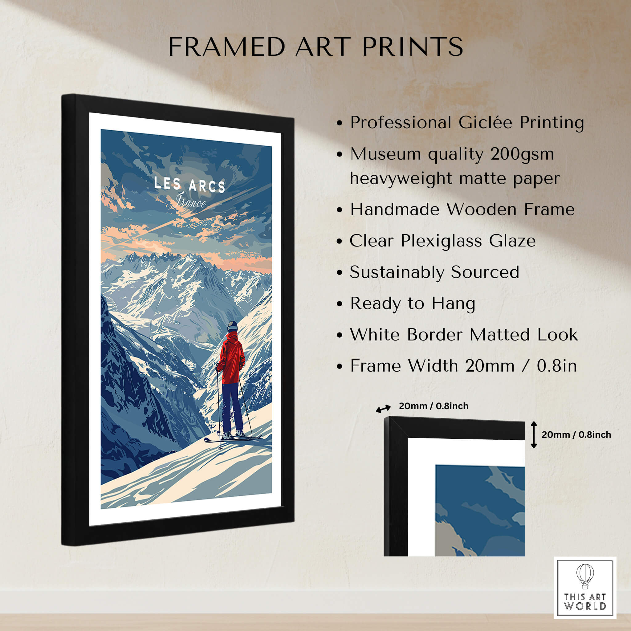 Les Arcs Travel Poster - France framed art print showcasing breathtaking ski slopes and mountains in a wooden frame.
