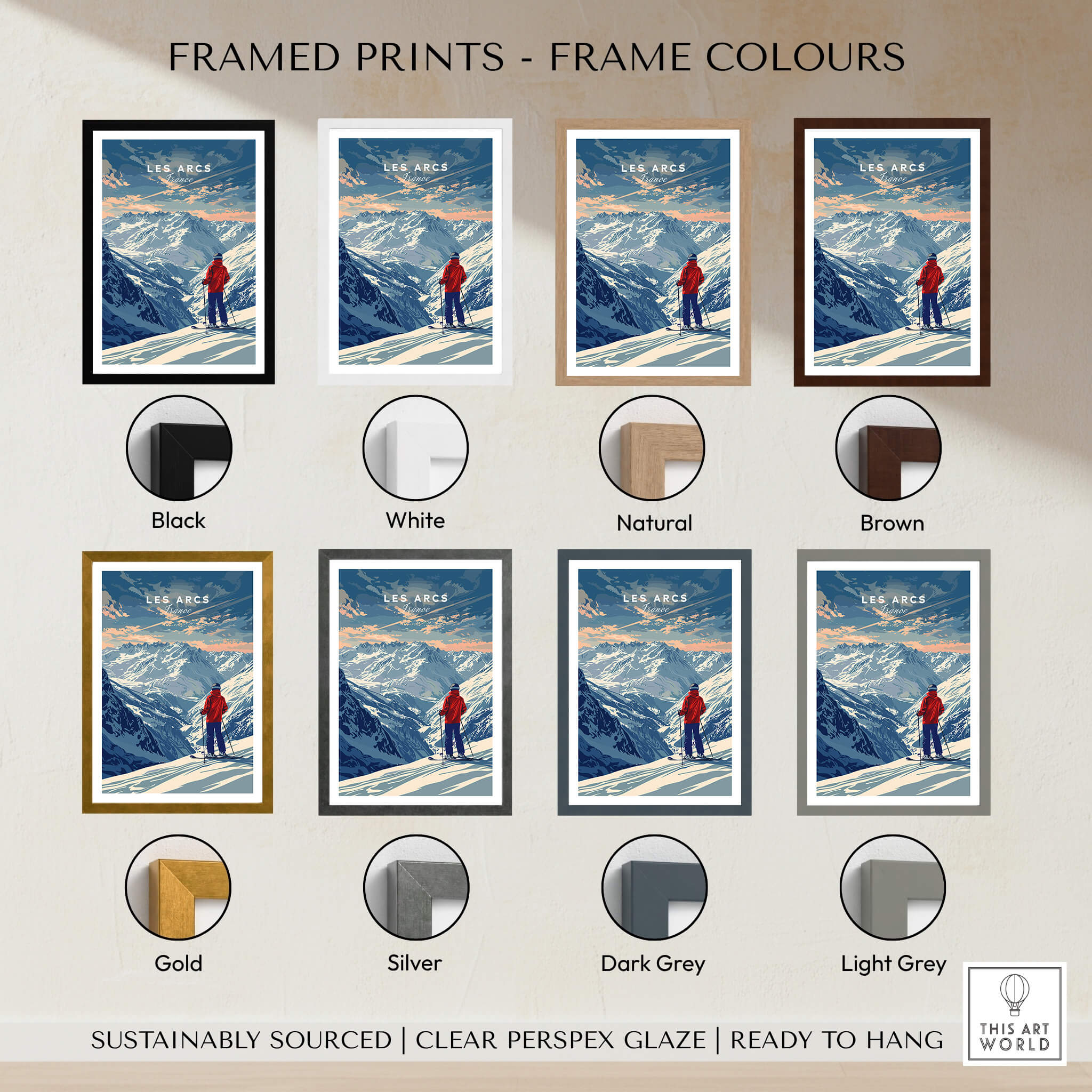 Les Arcs Travel Poster - France framed prints in various frame colors including black, white, natural, and brown.