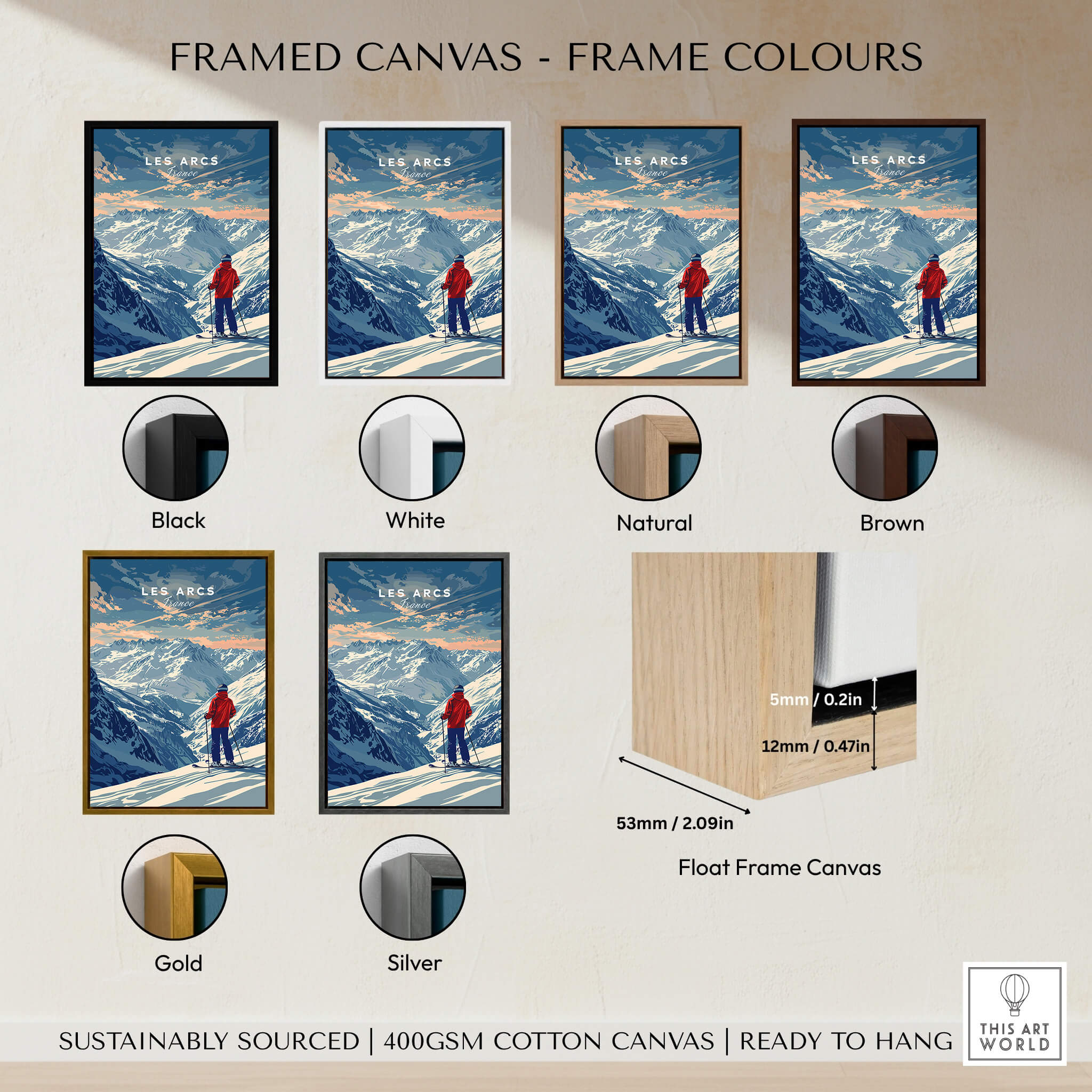 Les Arcs Travel Poster - France framed canvas options in black, white, natural, brown, gold, and silver for wall art.