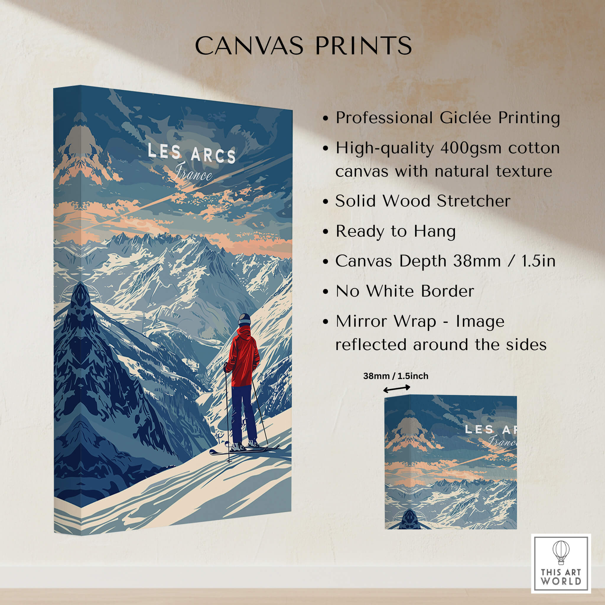 Les Arcs Travel Poster - France showcasing ski slopes on a canvas print with high-quality giclée printing.