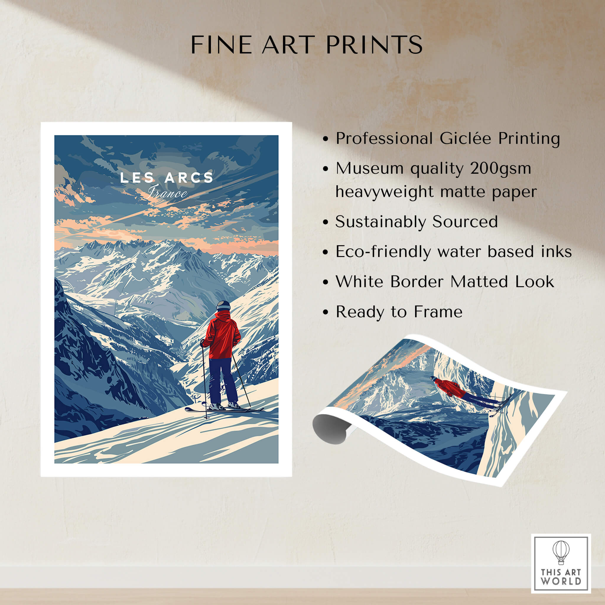 Les Arcs Travel Poster - France showcasing breathtaking ski slopes and stunning mountain scenery.