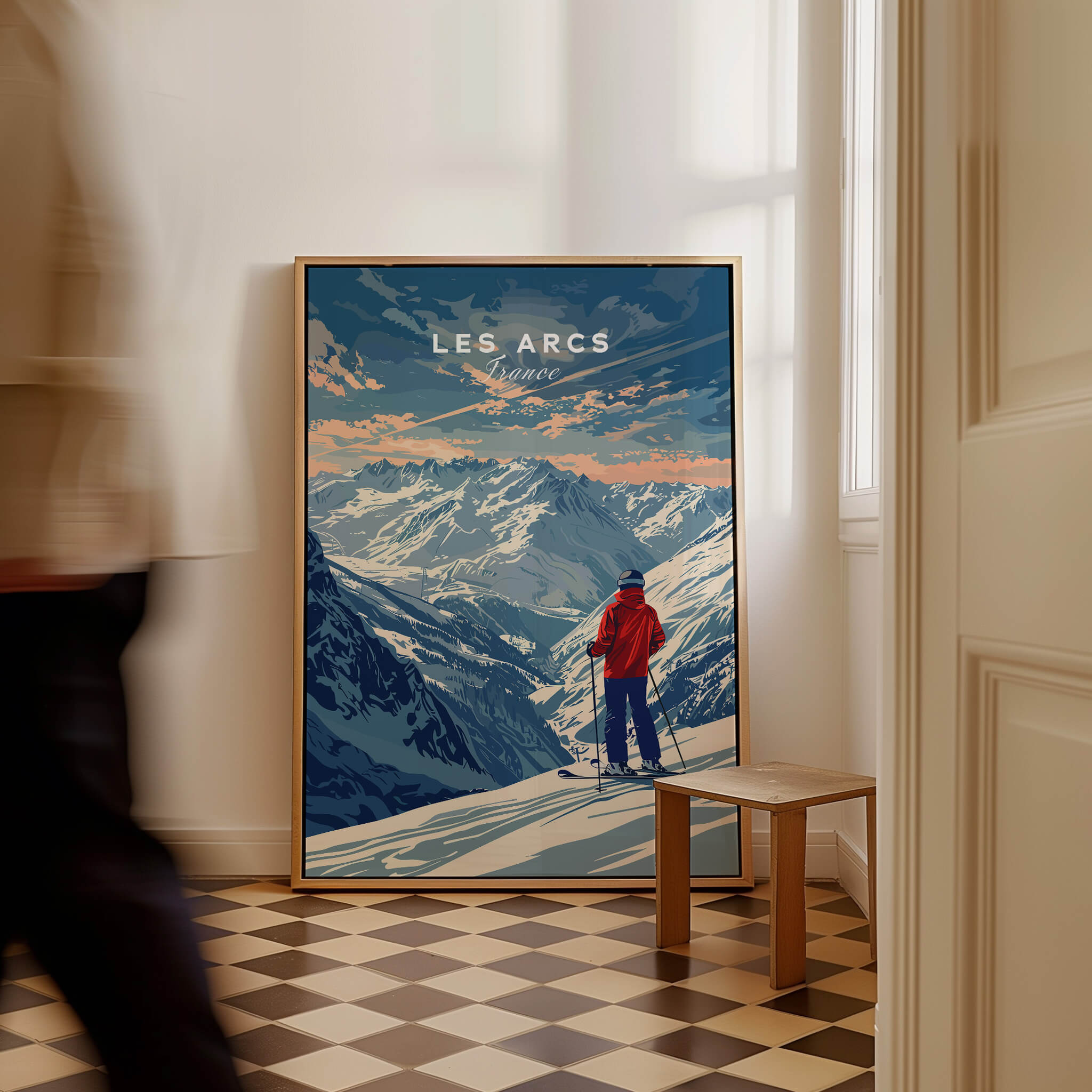 Les Arcs Travel Poster - France depicting winter landscapes and ski slopes in a stylish home setting.