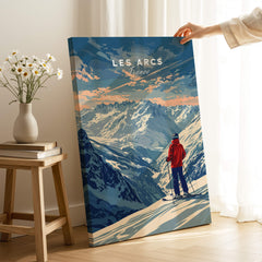 Les Arcs Travel Poster - France featuring stunning mountains and a skier in vibrant colors, perfect for home decor.
