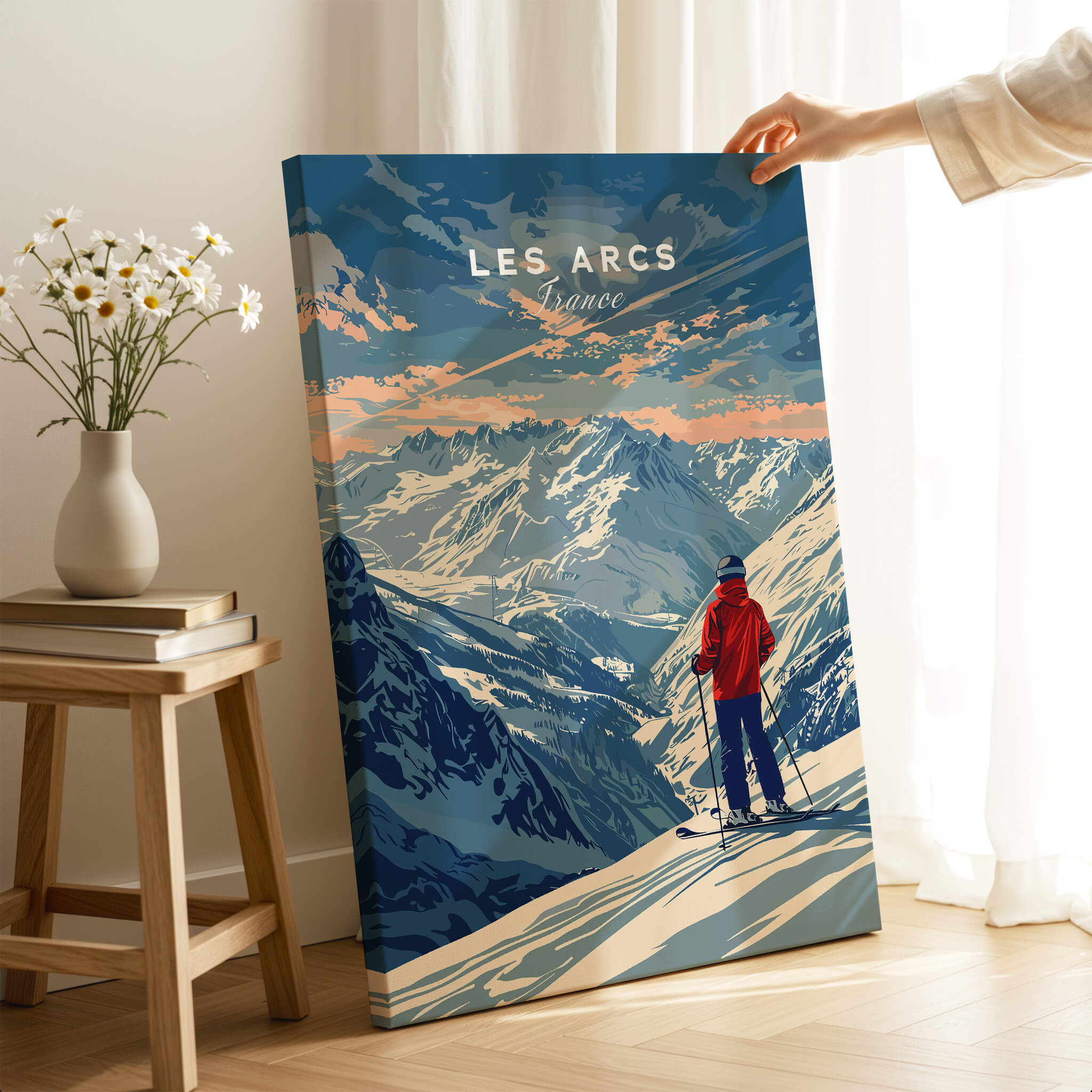 Les Arcs Travel Poster - France featuring stunning mountains and a skier in vibrant colors, perfect for home decor.