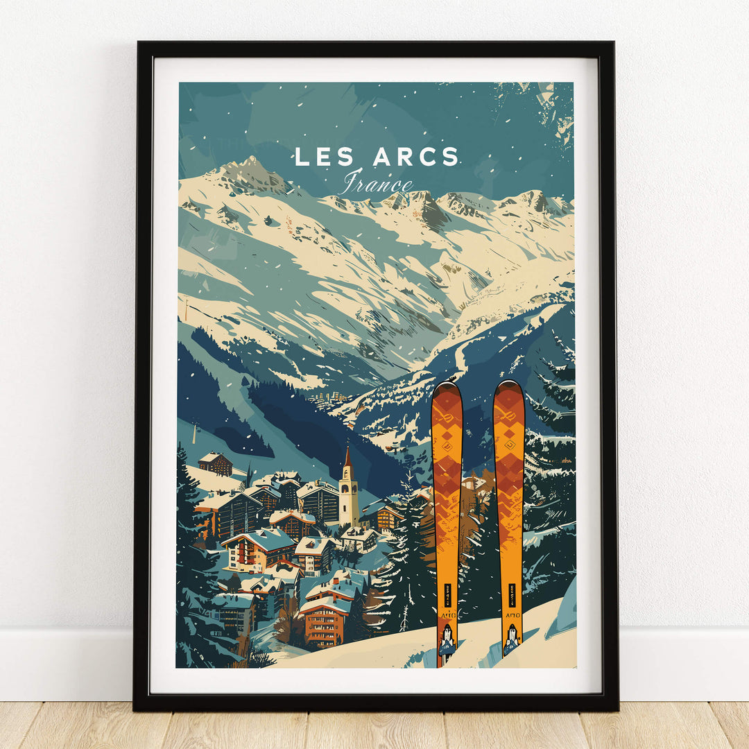 Les Arcs Ski Poster France showcasing stunning skiing scenery and vibrant skis in a beautiful winter landscape.