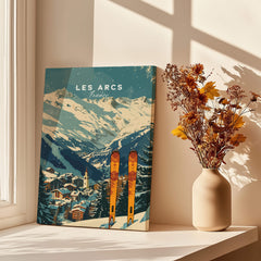 Les Arcs Ski Poster France displayed in a sunny room with a vase of flowers and a scenic mountain backdrop.
