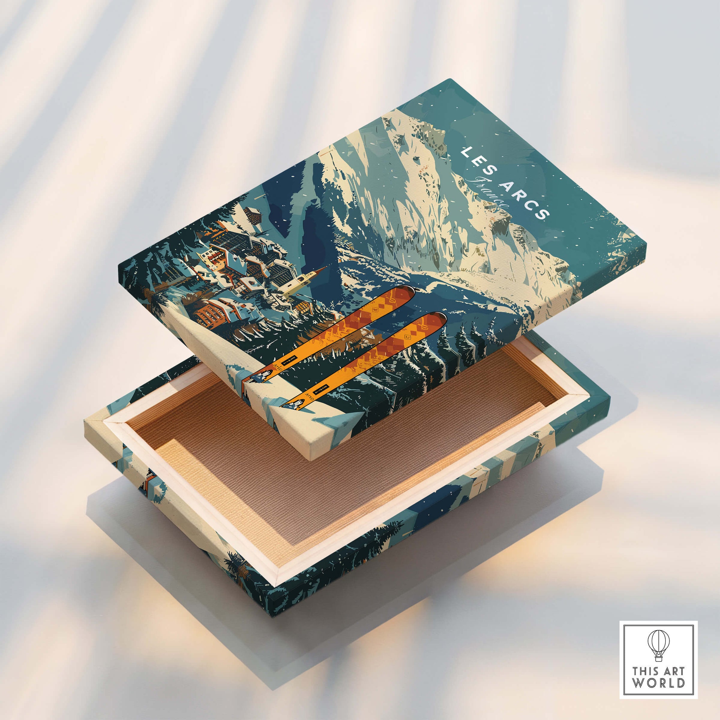 Les Arcs Ski Poster France art box showcasing winter landscapes and skiing, perfect for winter sports enthusiasts.