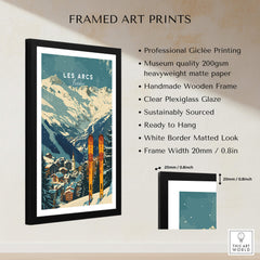 Les Arcs Ski Poster France framed art print showcasing stunning mountain scenery and ski equipment.