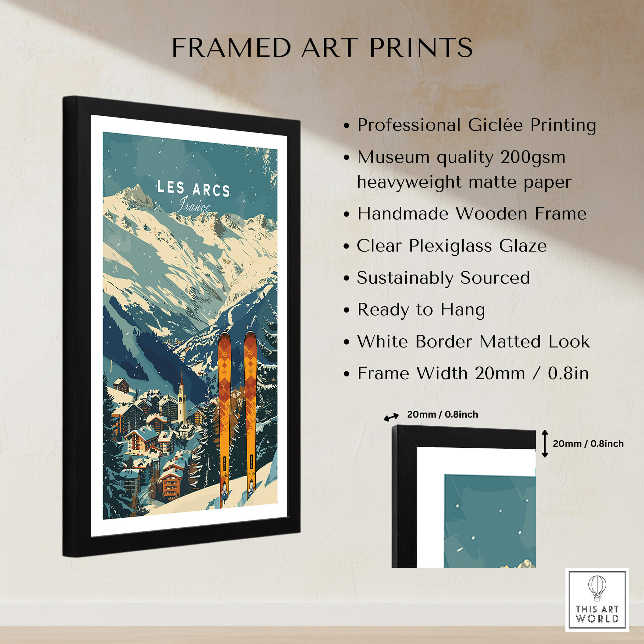 Les Arcs Ski Poster France framed art print showcasing stunning mountain scenery and ski equipment.