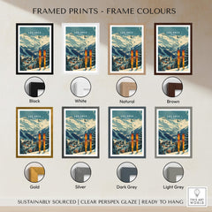 Different frame color options for Les Arcs Ski Poster France wall art prints, including black, white, and natural finishes.