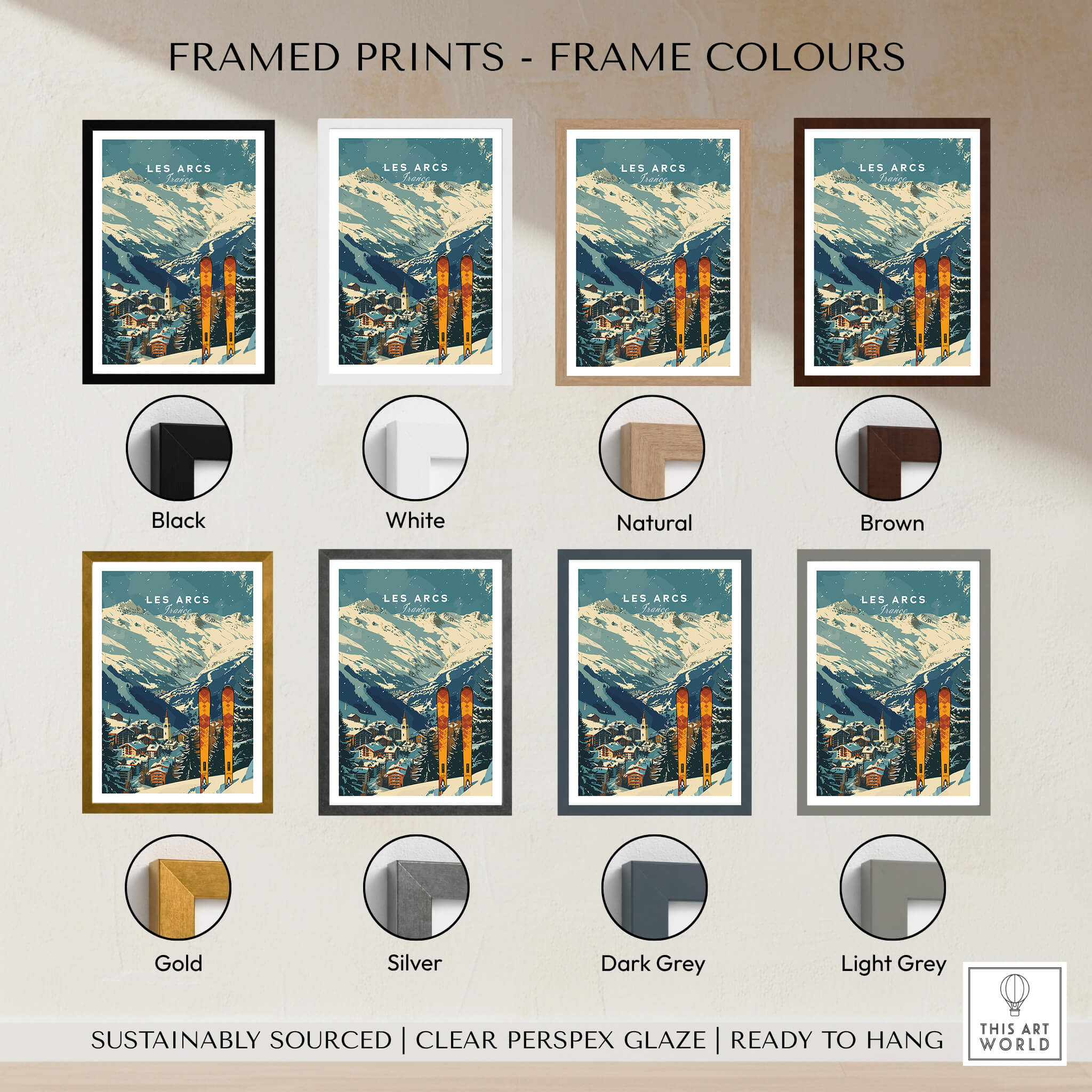 Different frame color options for Les Arcs Ski Poster France wall art prints, including black, white, and natural finishes.