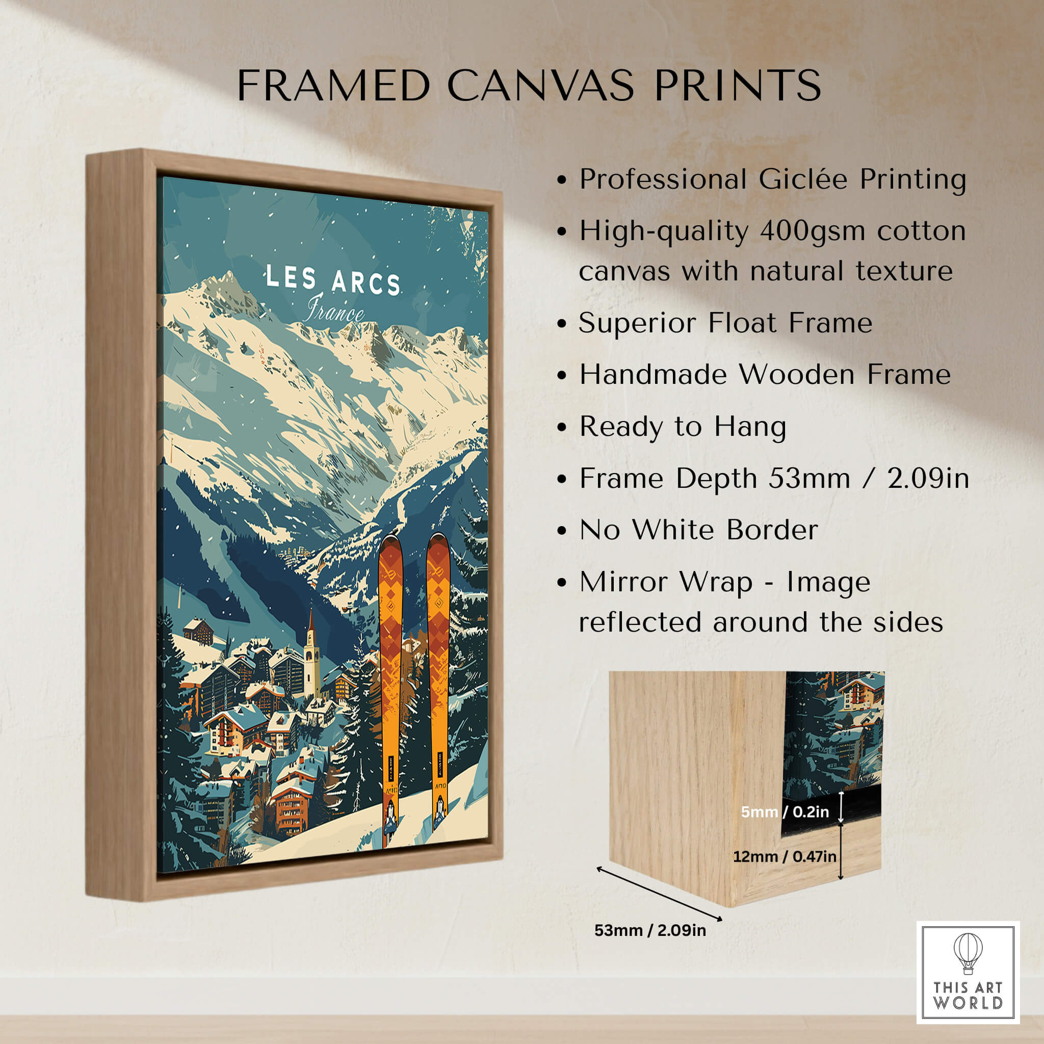 Les Arcs Ski Poster France framed canvas print showcasing stunning mountain scenery and skiing elements.