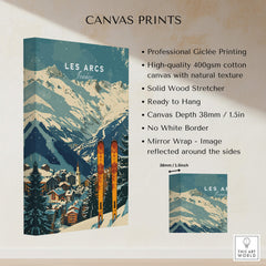 Les Arcs Ski Poster France displayed on canvas, showcasing stunning ski scenery and vibrant colors.