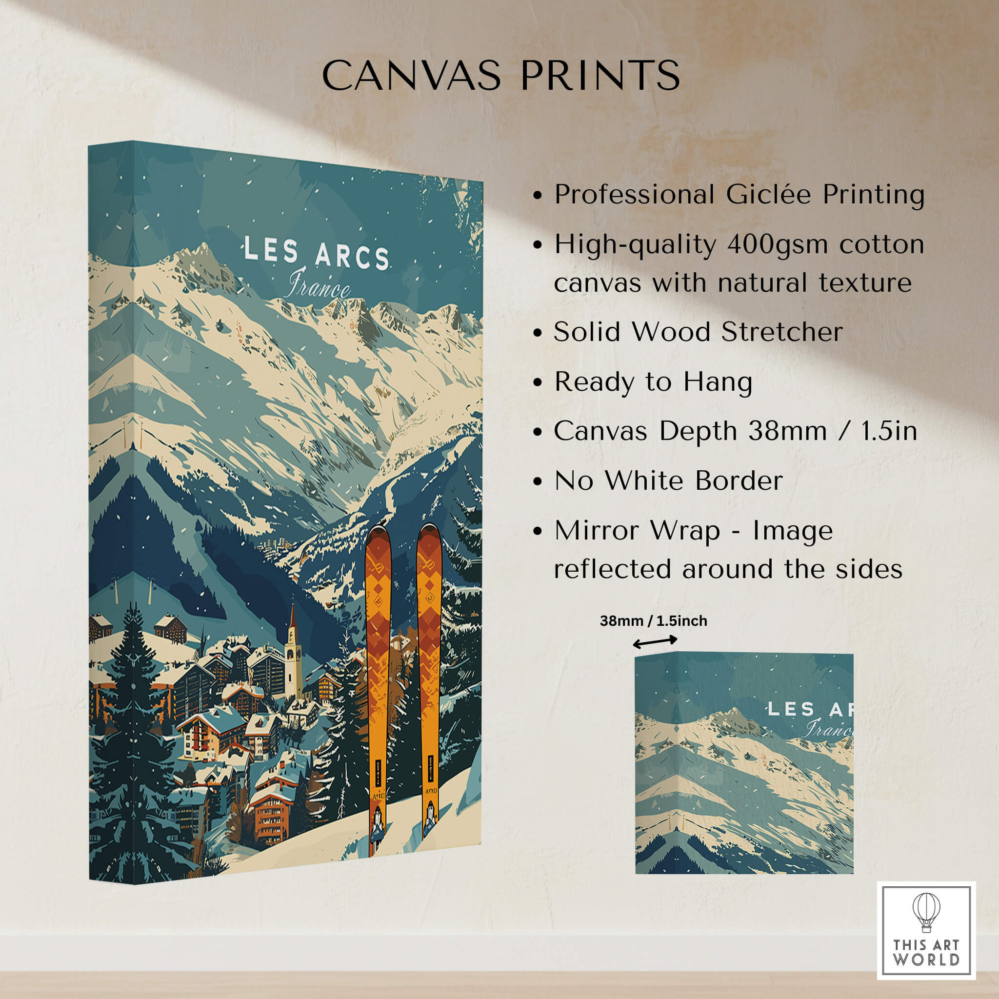 Les Arcs Ski Poster France displayed on canvas, showcasing stunning ski scenery and vibrant colors.
