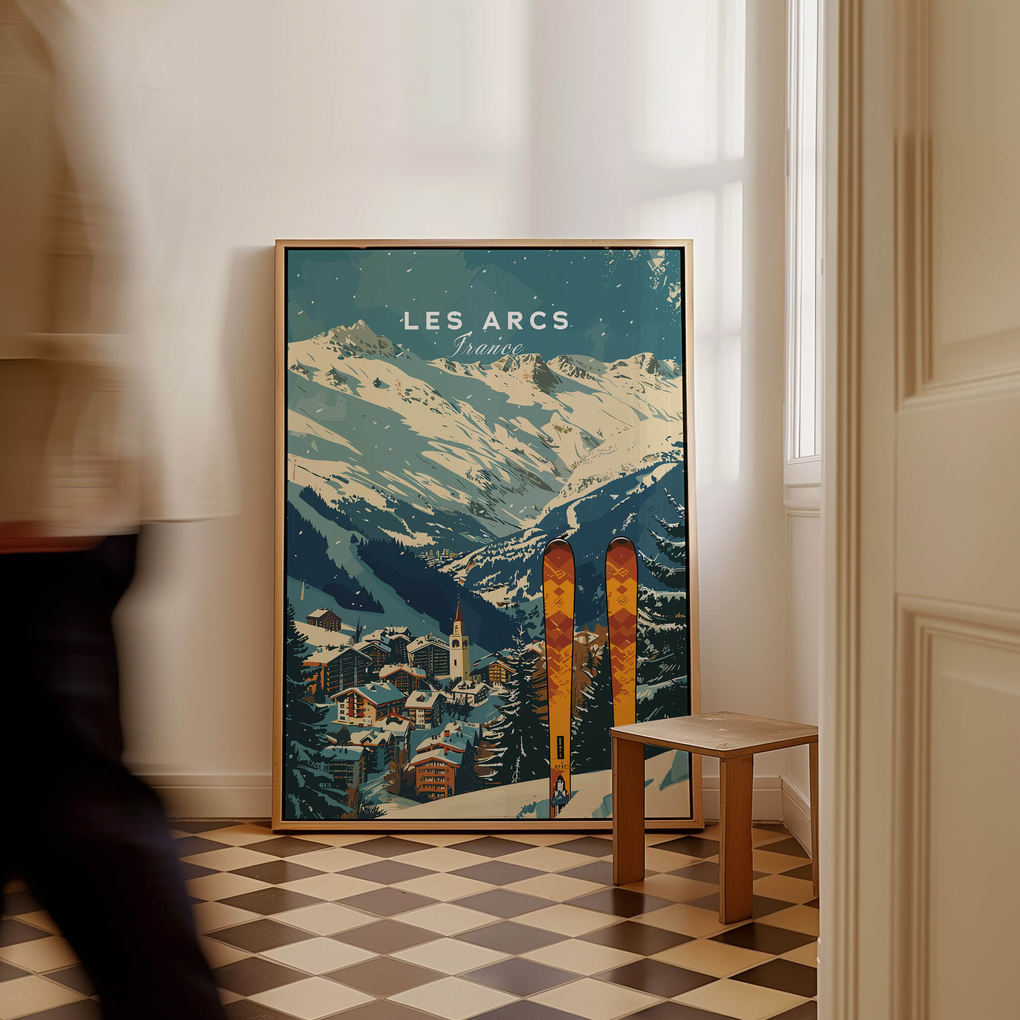 Les Arcs Ski Poster France displayed in a stylish interior, showcasing stunning skiing scenery and winter sports culture.