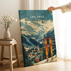 Les Arcs Ski Poster France featuring stunning snowy mountains and ski equipment in a cozy interior setting.