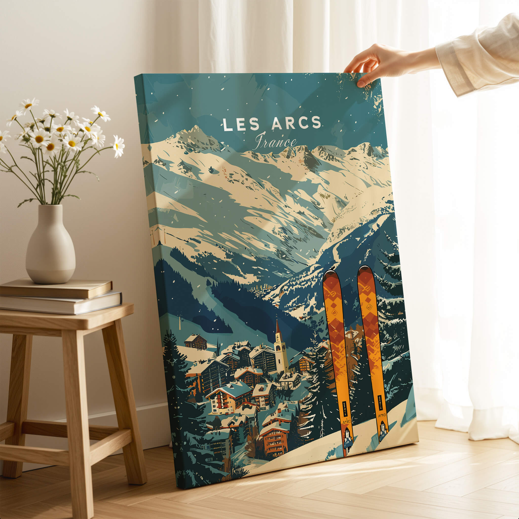 Les Arcs Ski Poster France featuring stunning snowy mountains and ski equipment in a cozy interior setting.
