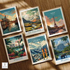 Les Arcs Ski Poster France among various travel art prints, highlighting skiing in breathtaking landscapes.