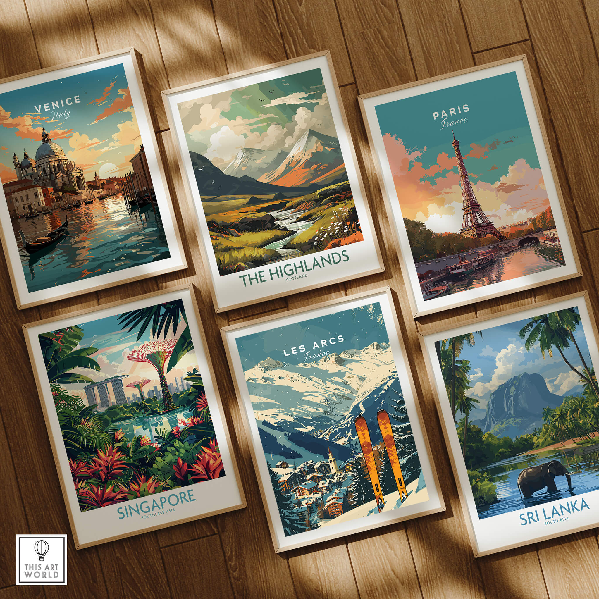 Les Arcs Ski Poster France among various travel art prints, highlighting skiing in breathtaking landscapes.