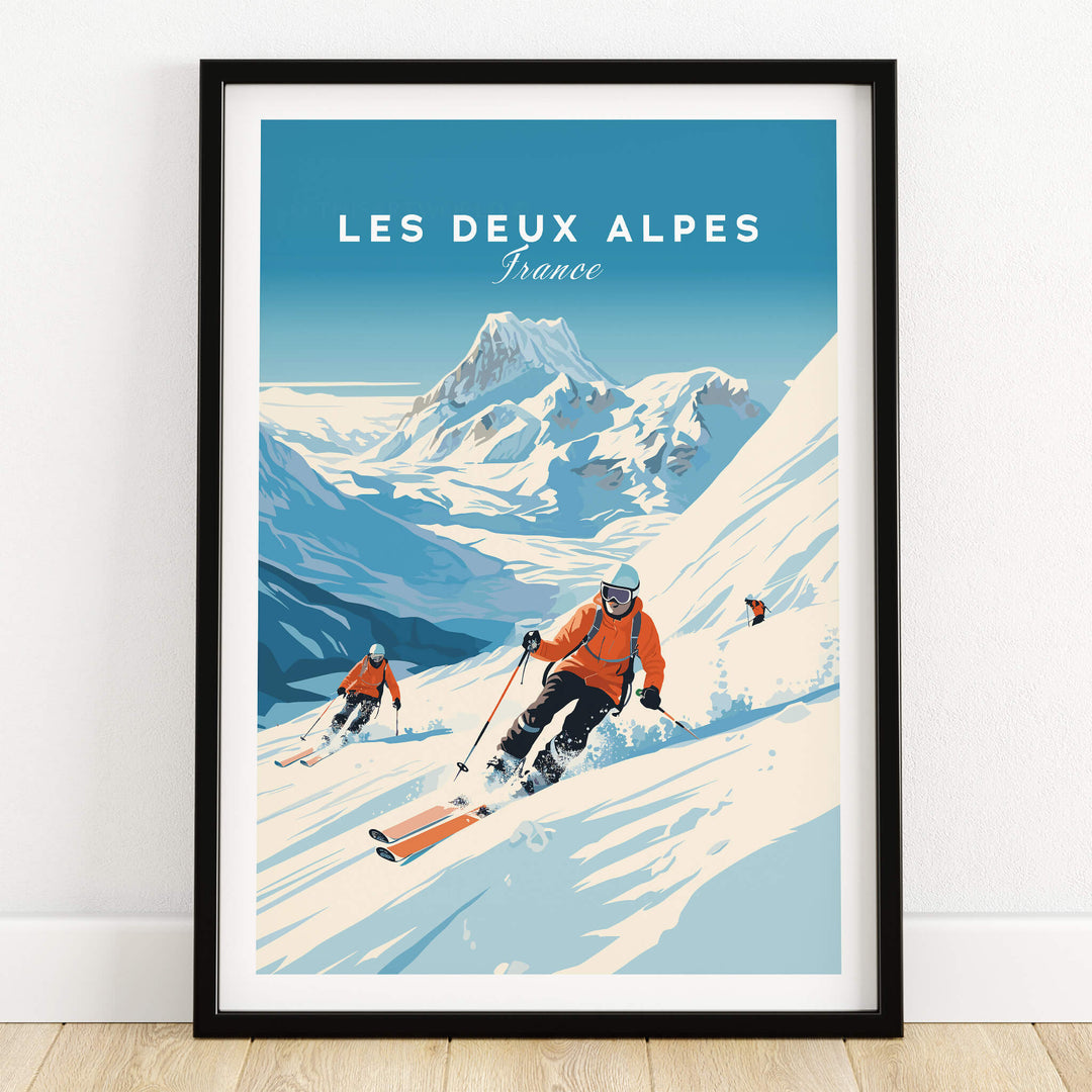 Les Deux Alpes Poster featuring skiers in the stunning French Alps, perfect for home decor and ski travel enthusiasts.