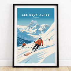 Les Deux Alpes Poster featuring skiers in the stunning French Alps, perfect for home decor and ski travel enthusiasts.