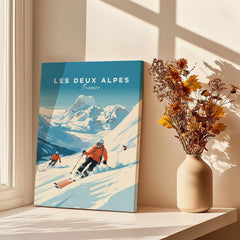 Les Deux Alpes Poster featuring skiers on snowy slopes with a beautiful mountainous backdrop.