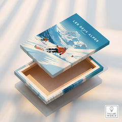 Les Deux Alpes Poster featuring vibrant ski scene on an open box, showcasing stunning mountain backdrop.