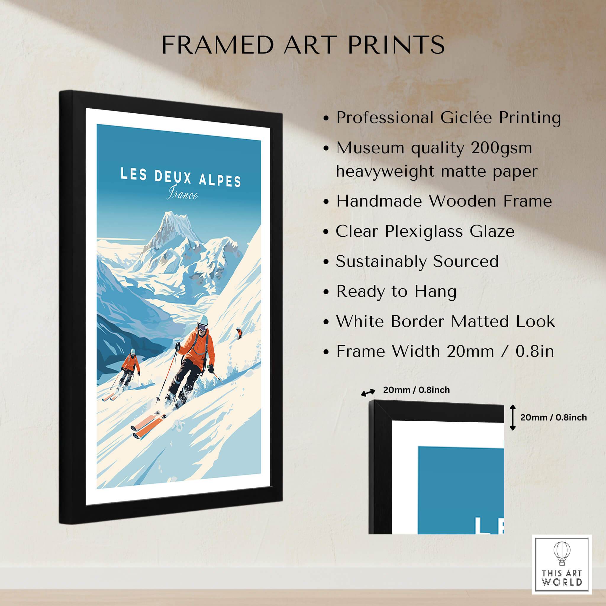 Les Deux Alpes Poster framed art print showcasing skiers on a mountain, vibrant colors, and professional Giclée quality.