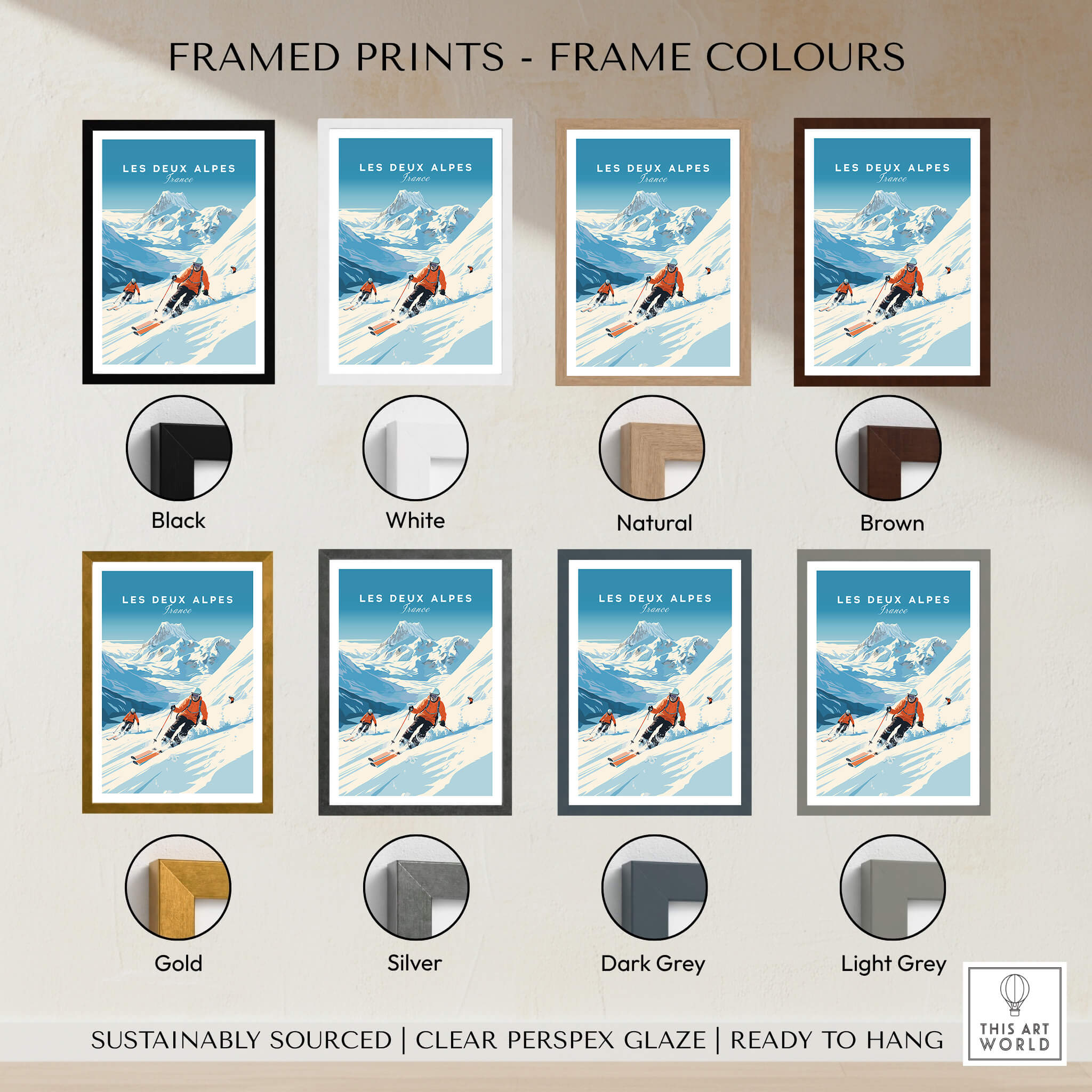 Framed prints displaying the Les Deux Alpes Poster in various frame colors including black, white, natural, and brown.