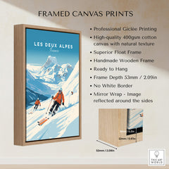Les Deux Alpes Poster displayed in a framed canvas print featuring skiers and stunning mountain scenery.