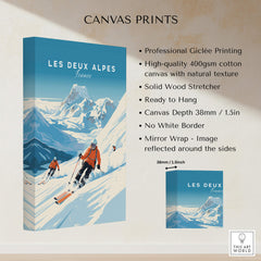 Les Deux Alpes Poster displayed on a canvas print with skiing scenery and professional giclée printing.