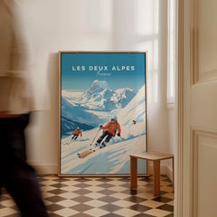 Les Deux Alpes Poster featuring skiers on a snowy mountain, perfect for home decor and ski travel enthusiasts.