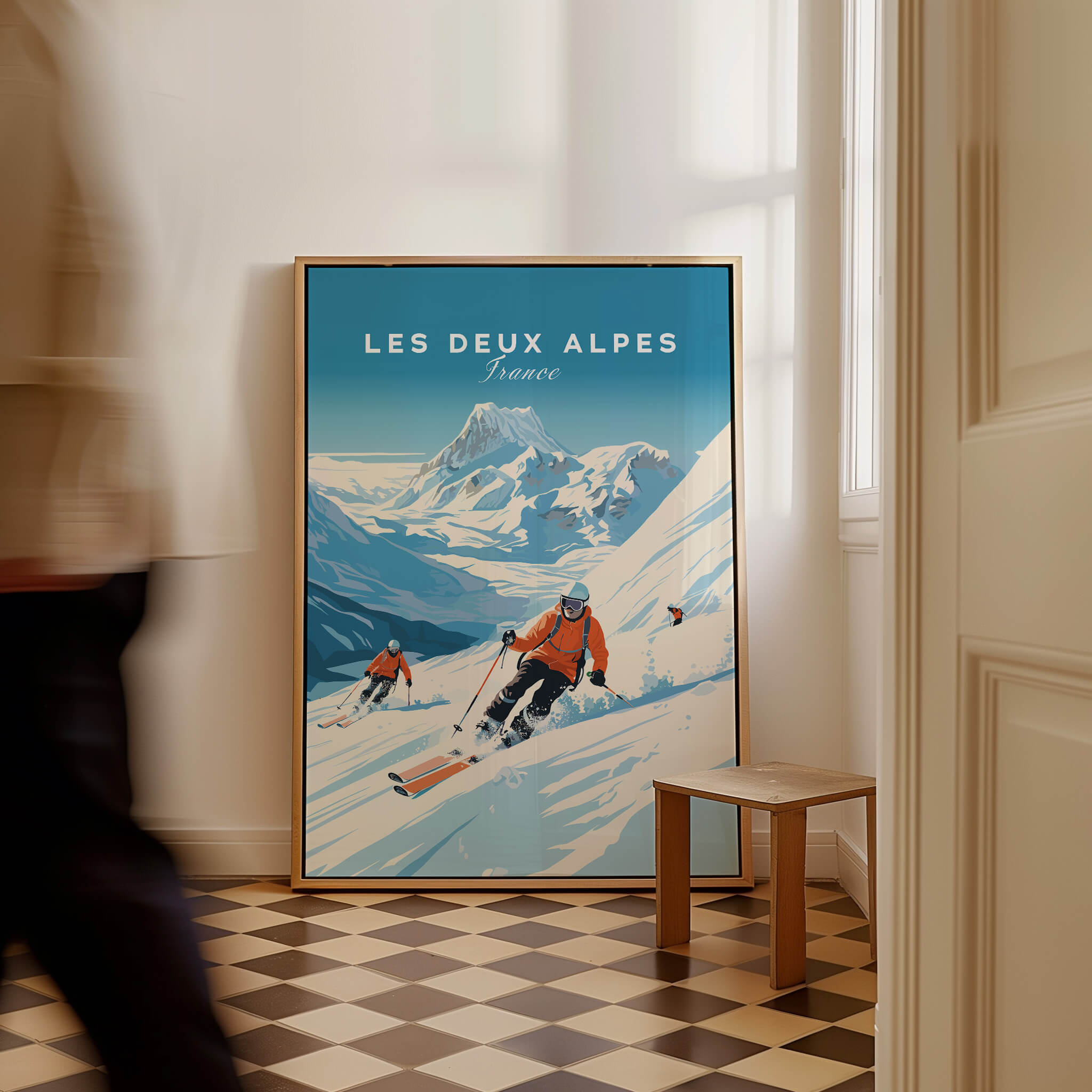 Les Deux Alpes Poster featuring skiers on a snowy mountain, perfect for home decor and ski travel enthusiasts.