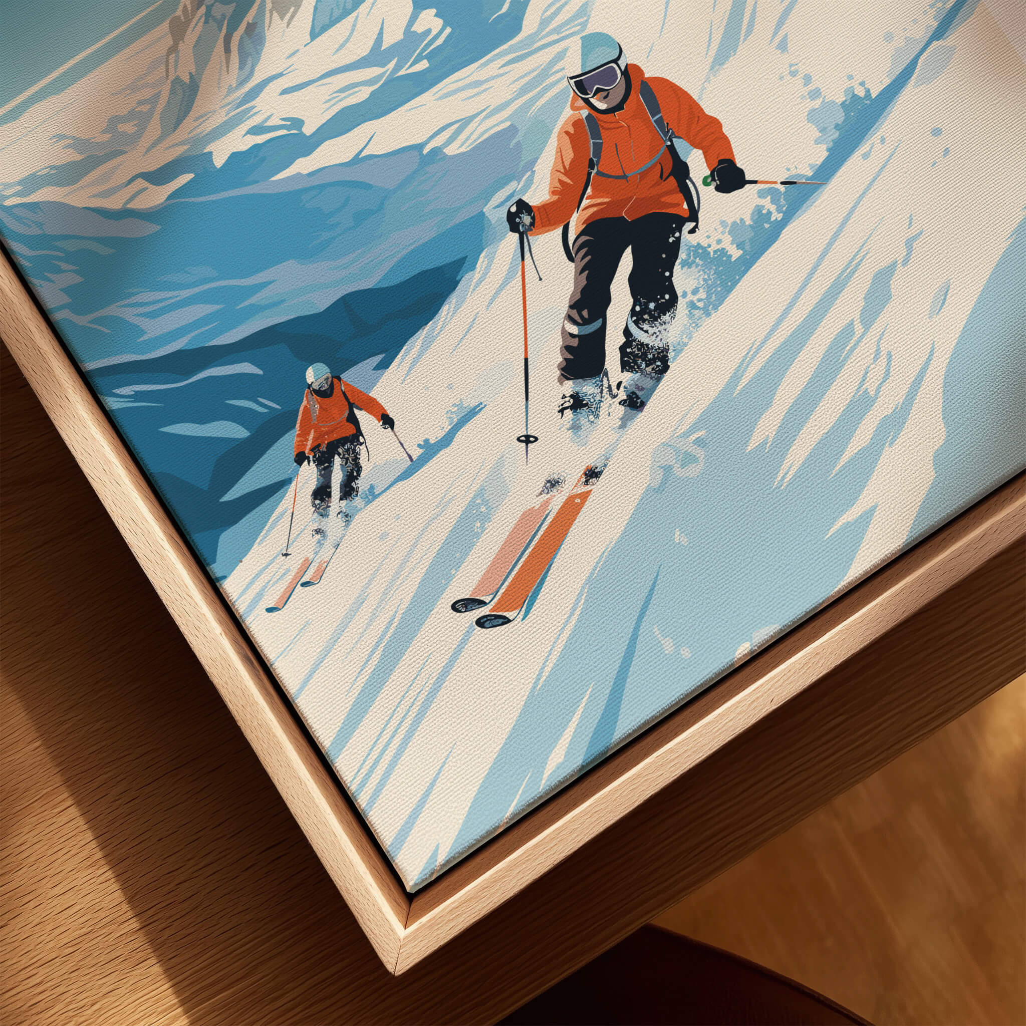 Les Deux Alpes Poster featuring two skiers in vibrant orange jackets descending snowy slopes, showcasing stunning alpine scenery.