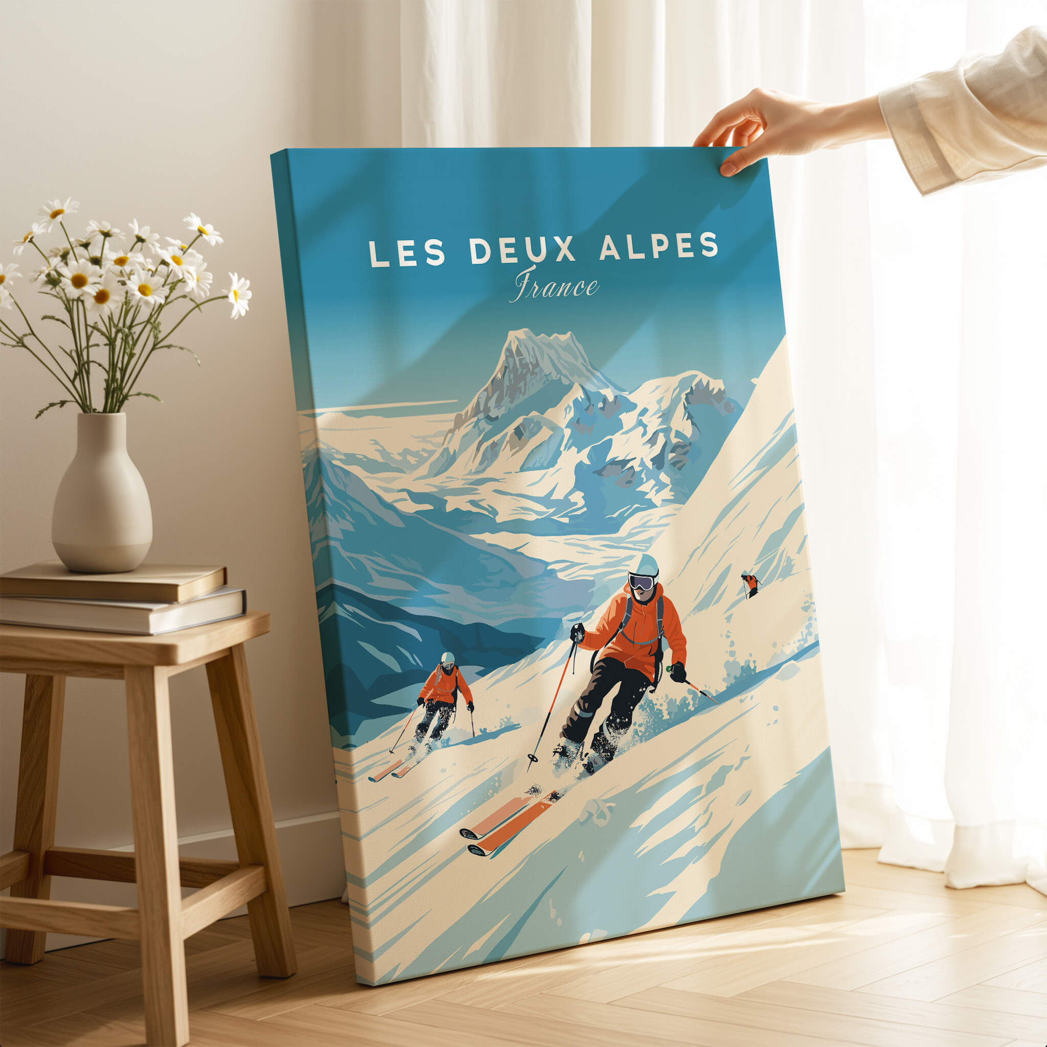 Les Deux Alpes Poster showcasing skiers on snowy slopes in a vibrant travel art design.