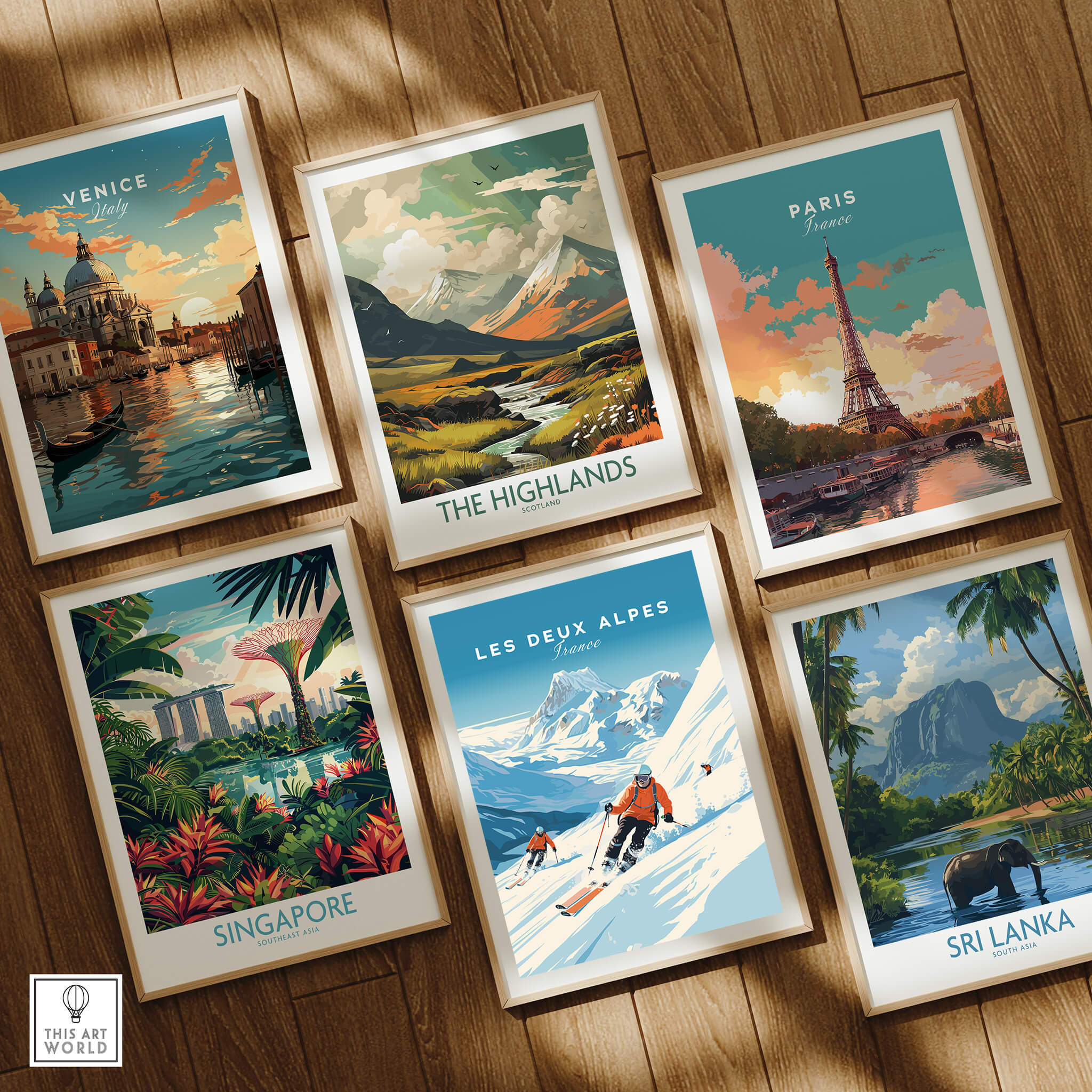 Colorful travel posters including Les Deux Alpes Poster, showcasing scenic destinations around the world.