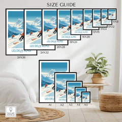 Size guide for Les Deux Alpes ski print showcasing various frame sizes in a cozy interior setting. Perfect for winter sports lovers.