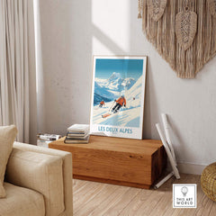 Les Deux Alpes ski print displayed in a cozy living room, showcasing winter sports adventure and alpine beauty.