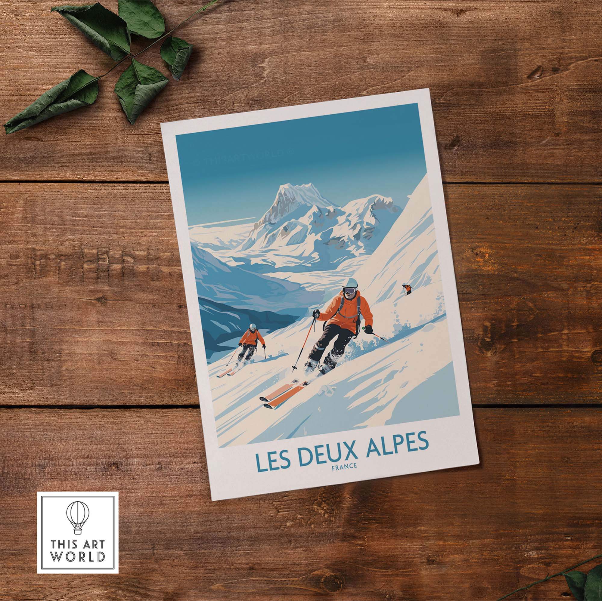 Les Deux Alpes ski print capturing skiers on iconic slopes with stunning alpine views in France. Perfect for winter sports lovers.