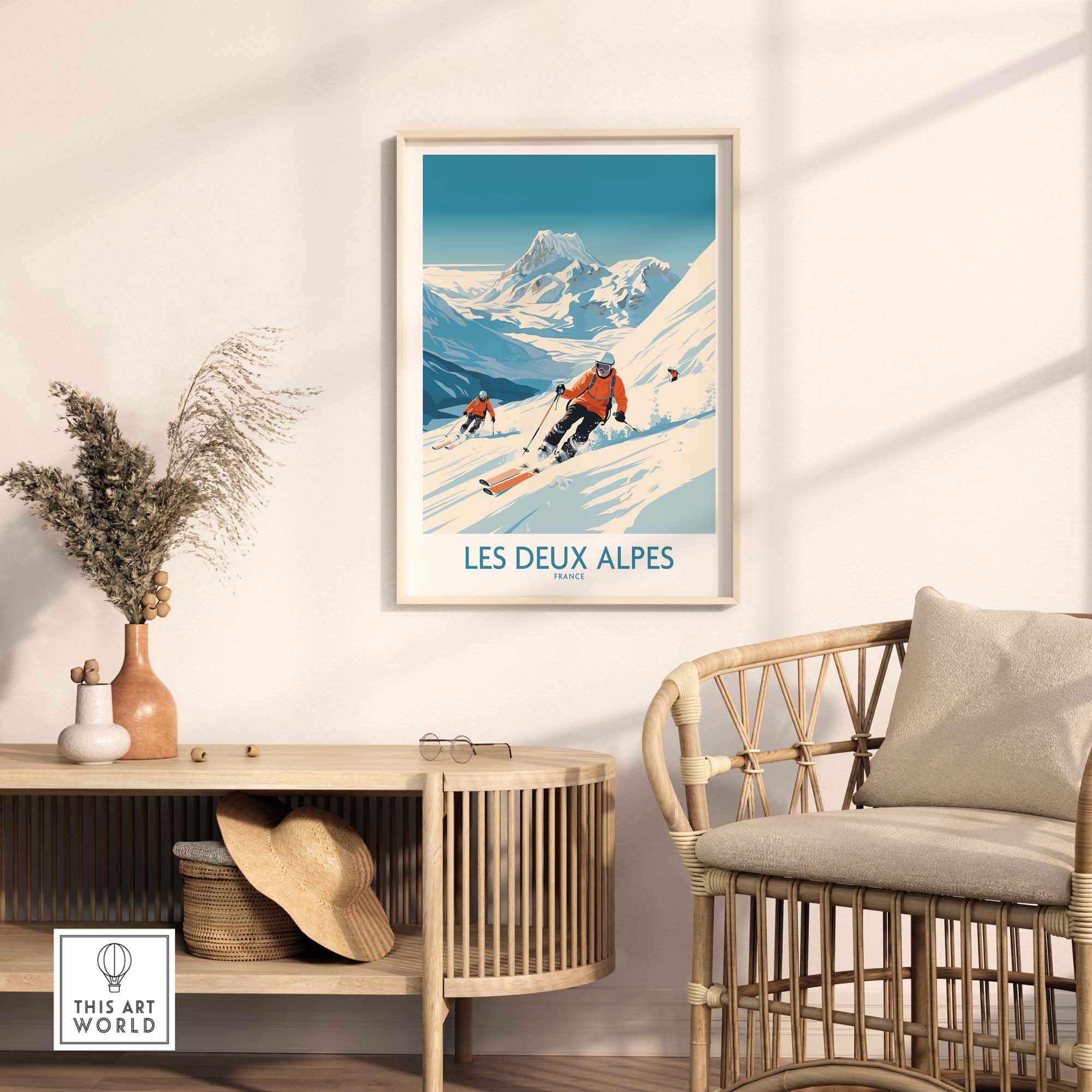 Les Deux Alpes ski print showcasing skiers on snowy slopes, perfect for winter sports enthusiasts and home decor.