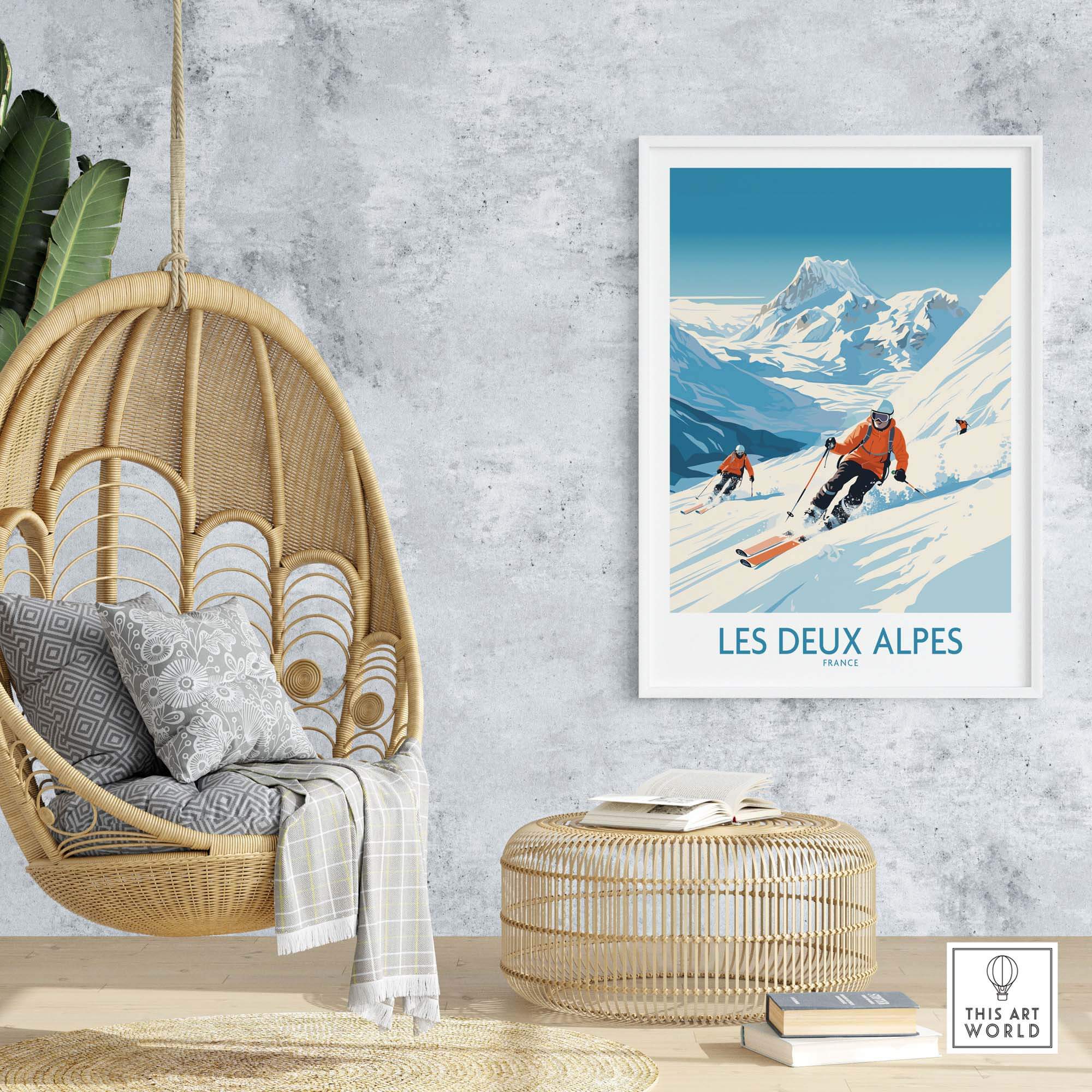 Ski print of Les Deux Alpes showcasing skiers on slopes with scenic mountain backdrop in a stylish indoor setting.