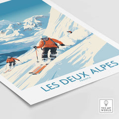 Les Deux Alpes ski print showcasing winter sports enthusiasts on the slopes with stunning alpine scenery.
