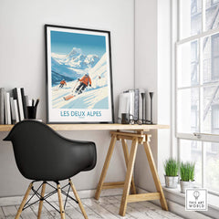 Les Deux Alpes ski print displayed in a modern room, capturing winter sports thrill and stunning alpine views.